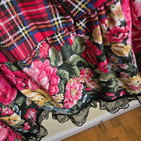 Stunning Mixed Pattern Rockabilly Plaid Floral Black Lace Handmade Dress Size S - Picture 6 of 7